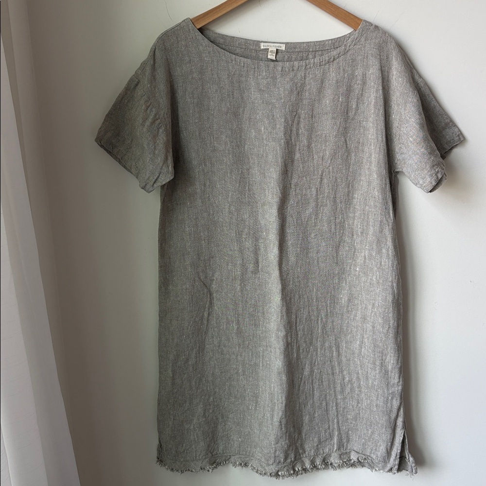 Eileen Fisher Linen Metallic Dress Lagenlook Coastal Beachy Travel Work Size S